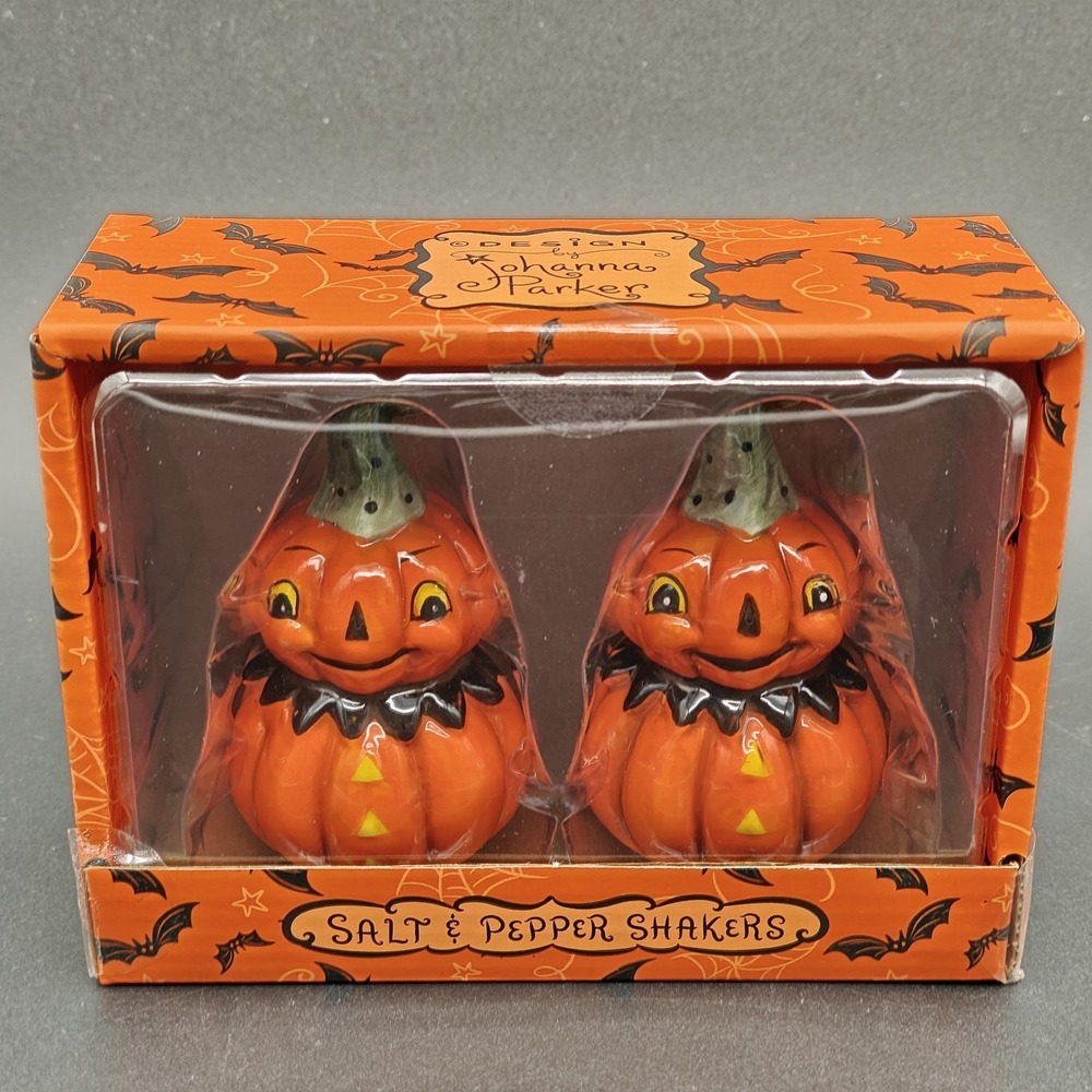 Johanna Parker Jack-O'-Lantern Pumpkin Salt & Pepper Shakers Halloween NEW